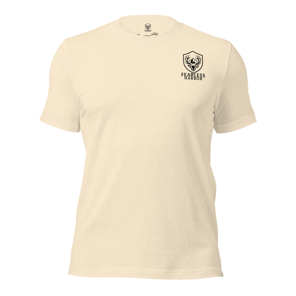 Front view of men’s heather natural tee with the Fearless Harbor logo at left chest in lifestyle outdoor context.