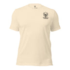 Front view of men’s heather natural tee with the Fearless Harbor logo at left chest in lifestyle outdoor context.