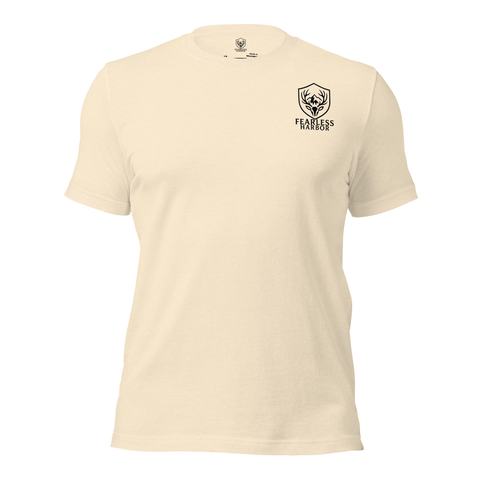 Front view of men’s heather natural tee with the Fearless Harbor logo at left chest in lifestyle outdoor context.