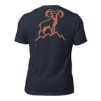 Back view of men’s heather navy graphic tee featuring the bighorn sheep ridge design in warm colors.