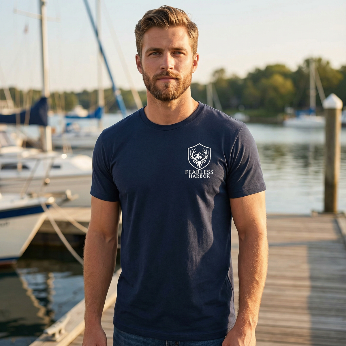 Front lifestyle image of a man wearing a heather navy mens hunting shirt with the Fearless Harbor logo on the left chest, showing clean everyday outdoor wear with no back graphic visible.