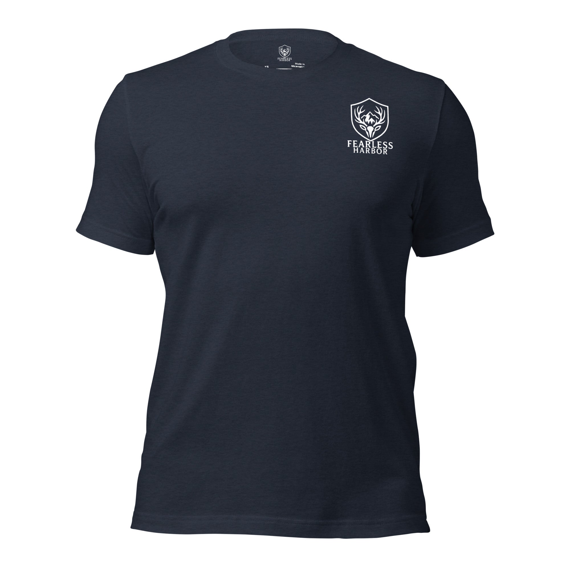 Front view of men’s heather navy tee showing the Fearless Harbor left chest logo with an outdoor inspired look.