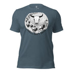 Heather Slate men’s bison skull graphic tee with buffalo skull style artwork and herd drift illustration on the front.