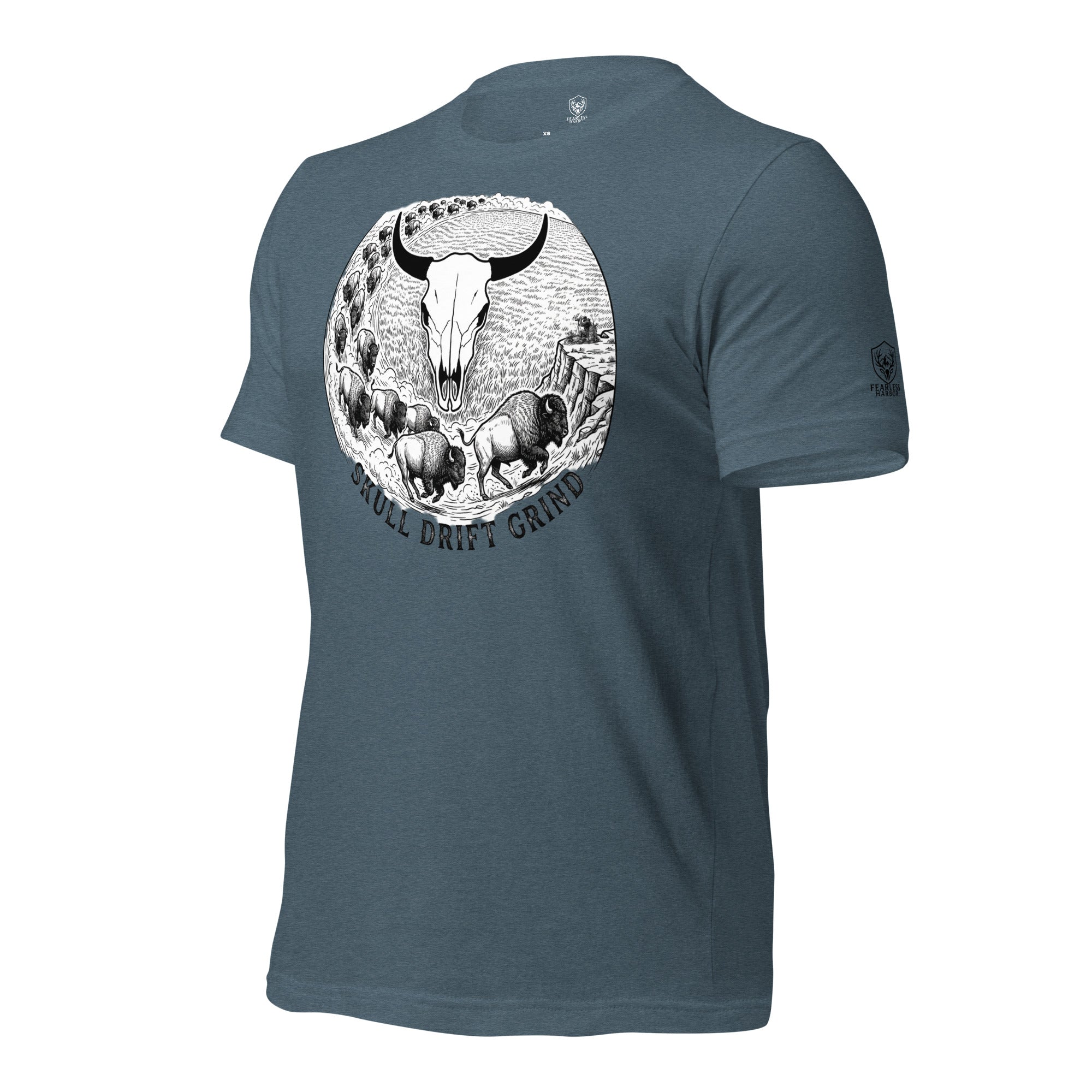 Front left angle of Heather Slate men’s hunting tee showing bison skull drift graphic and side fit.