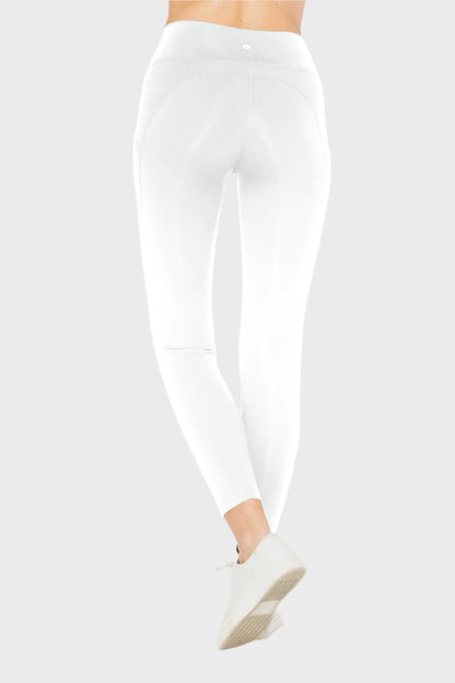 Back of woman wearing High Waist Leggings with Pockets in White, blank with no graphics or text.