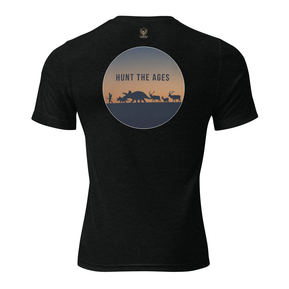 Back view of Mens Hunt the Ages Premium Everyday Tee in solid black showing a prehistoric hunter, Triceratops, and elk silhouettes.