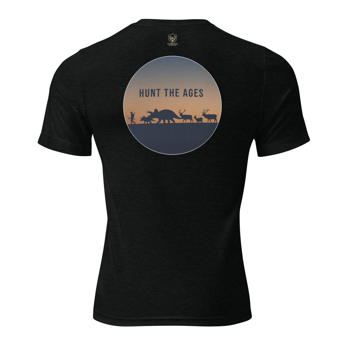 Back view of Mens Hunt the Ages Premium Everyday Tee in solid black showing a prehistoric hunter, Triceratops, and elk silhouettes.