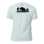 Men’s heather prism ice blue prehistoric hunting shirt showing mammoth hunter and Bigfoot Ancient Knows Ancient artwork