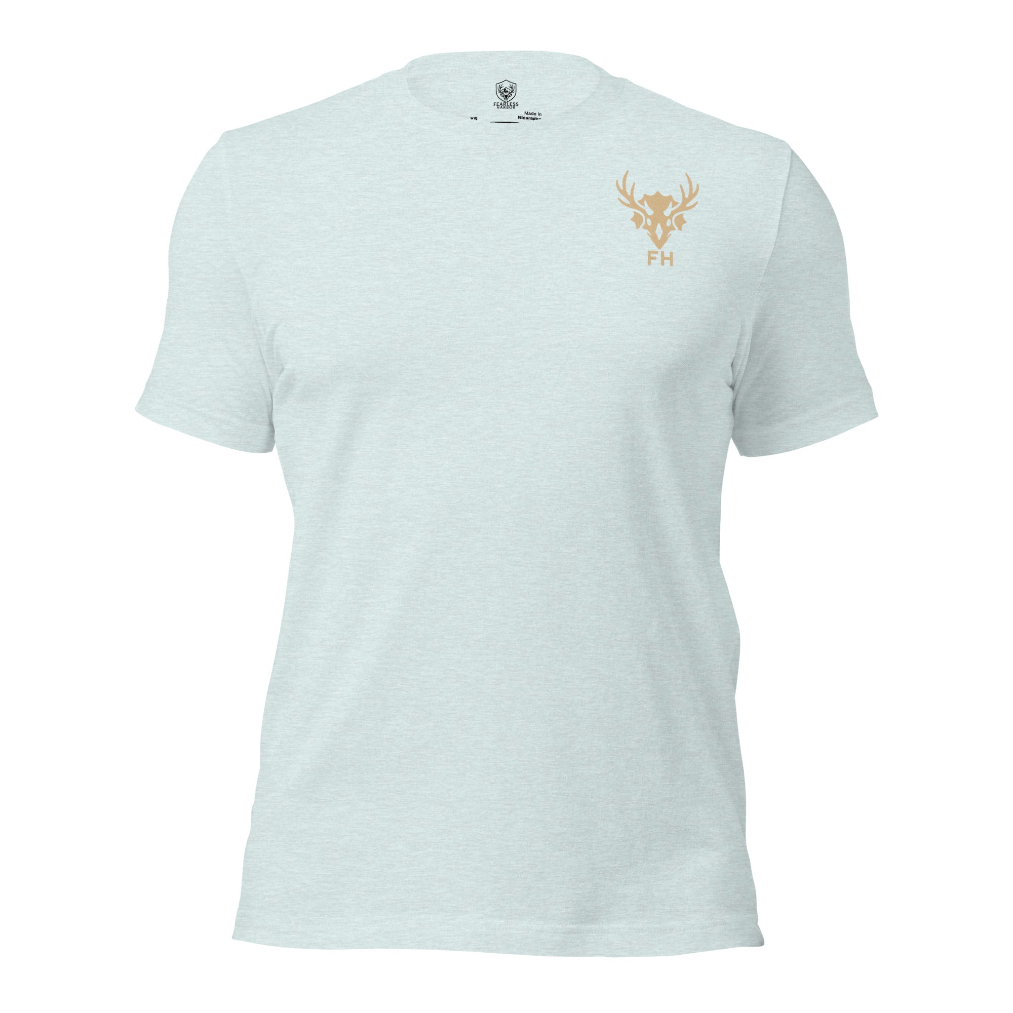 Men’s heather prism ice blue hunting tee with understated Fearless Harbor chest logo