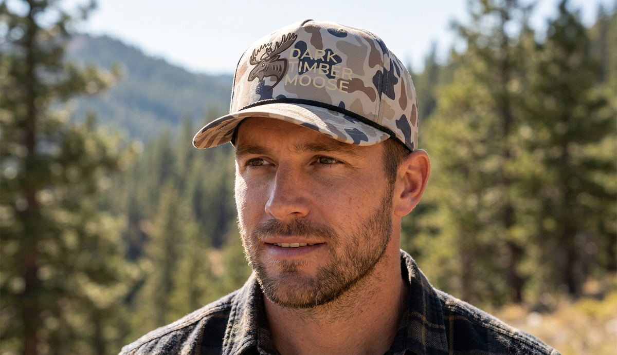 Man in a forest setting, wearing Snapback hat in Canyon Camo, with moose head graphic, and the text Dark Timber Moose.