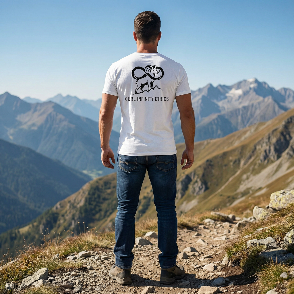 Back lifestyle view of model wearing white mens hunting tee with Fearless Harbor logo in wilderness camp setting.