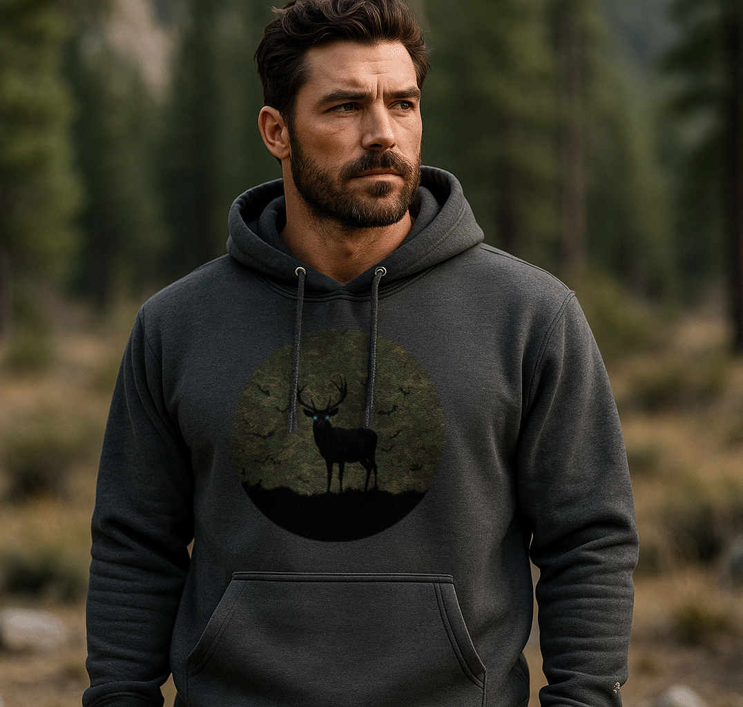 Front view of man wearing Fearless Harbor Fearless Haunt Hoodie in Black featuring spectral buck camo design for Halloween.