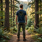 Back view of a man wearing a Fearless Harbor navy core bighorn sheep shirt with the Ancient Weight ram graphic in a rugged mountain setting.