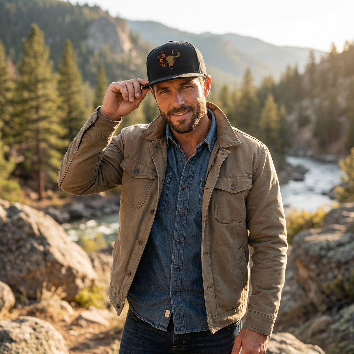 Man wearing a cap and jacket in a mountainous landscape with trees and a river.