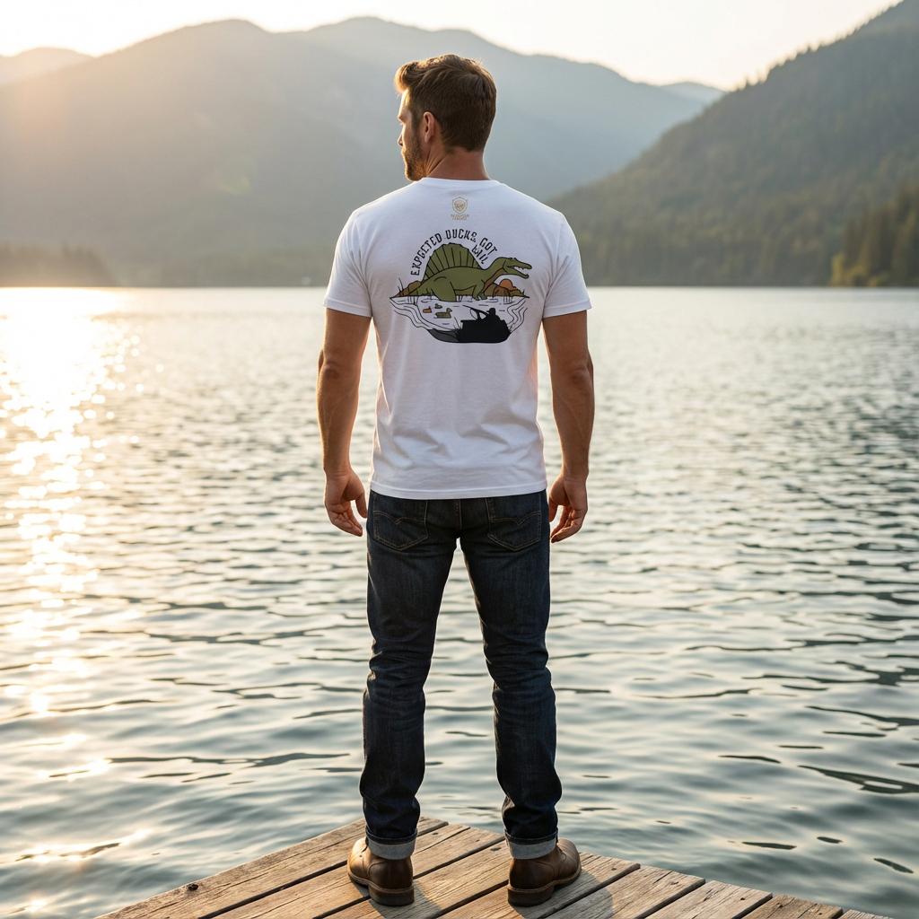 Men wearing the Expected Ducks, Got Sail duck hunting graphic tee in Solid White Blend showing the sail backed dinosaur graphic in a waterfowl setting