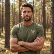 Men wearing the Expected Ducks, Got Sail duck hunting graphic tee in Heather Olive during a public land waterfowl hunt