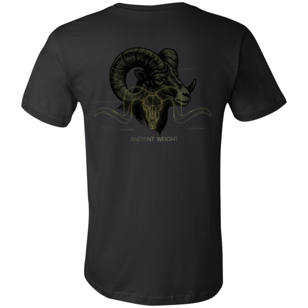 Back view of a black core bighorn sheep shirt featuring a monochrome ram head graphic with massive curled horns and Ancient Weight text.