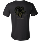 Back view of a black core bighorn sheep shirt featuring a monochrome ram head graphic with massive curled horns and Ancient Weight text.