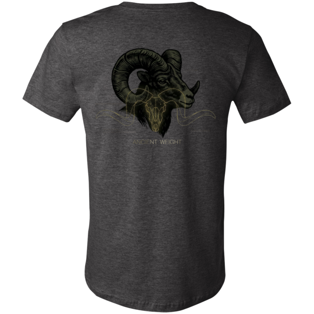 Back view of a dark grey heather core bighorn sheep shirt featuring a monochrome ram head graphic with heavy curled horns and Ancient Weight text.