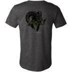 Back view of a dark grey heather core bighorn sheep shirt featuring a monochrome ram head graphic with heavy curled horns and Ancient Weight text.