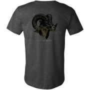 Back view of a dark grey heather core bighorn sheep shirt featuring a monochrome ram head graphic with heavy curled horns and Ancient Weight text.