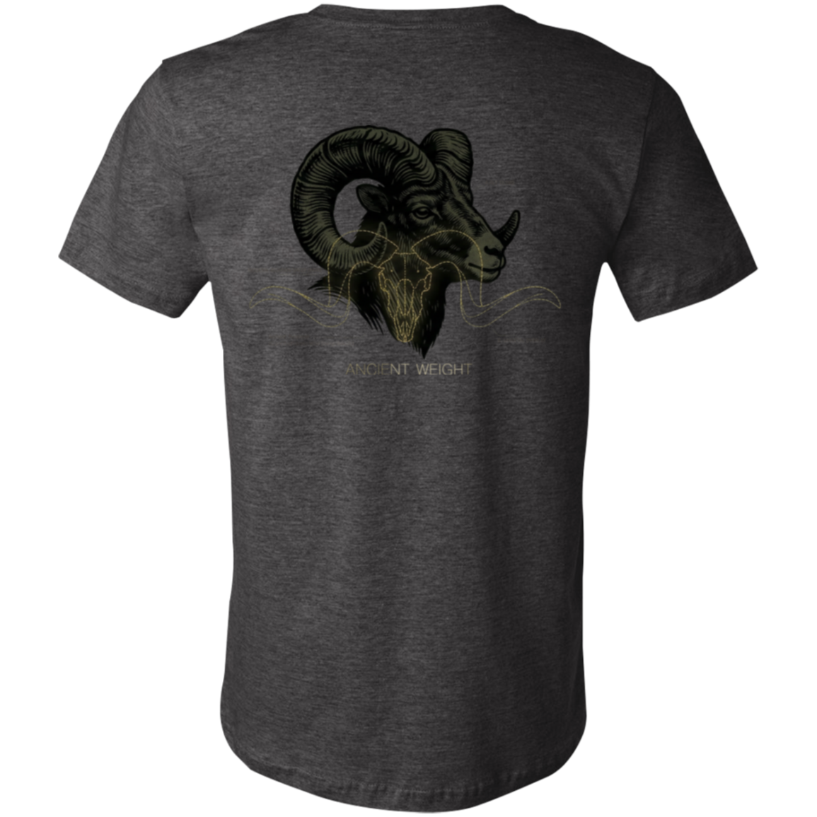 Back view of a dark grey heather core bighorn sheep shirt featuring a monochrome ram head graphic with heavy curled horns and Ancient Weight text.