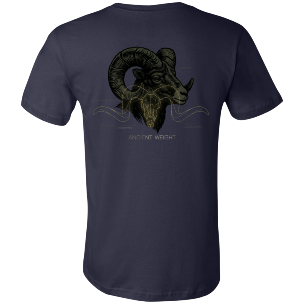Back view of a navy core bighorn sheep shirt featuring a monochrome bighorn ram graphic with oversized curled horns and Ancient Weight text.