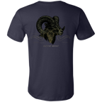 Back view of a navy core bighorn sheep shirt featuring a monochrome bighorn ram graphic with oversized curled horns and Ancient Weight text.