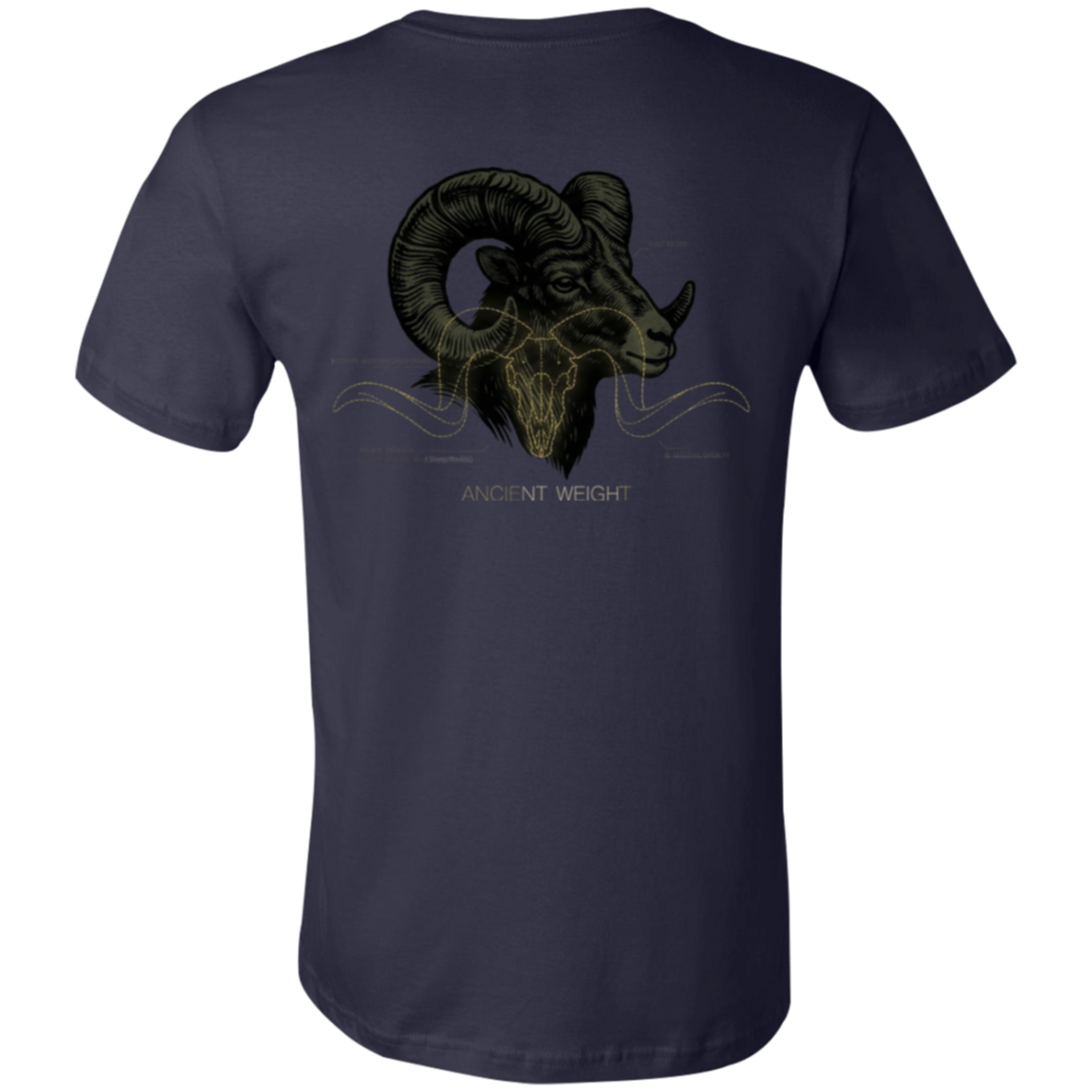 Back view of a navy core bighorn sheep shirt featuring a monochrome bighorn ram graphic with oversized curled horns and Ancient Weight text.
