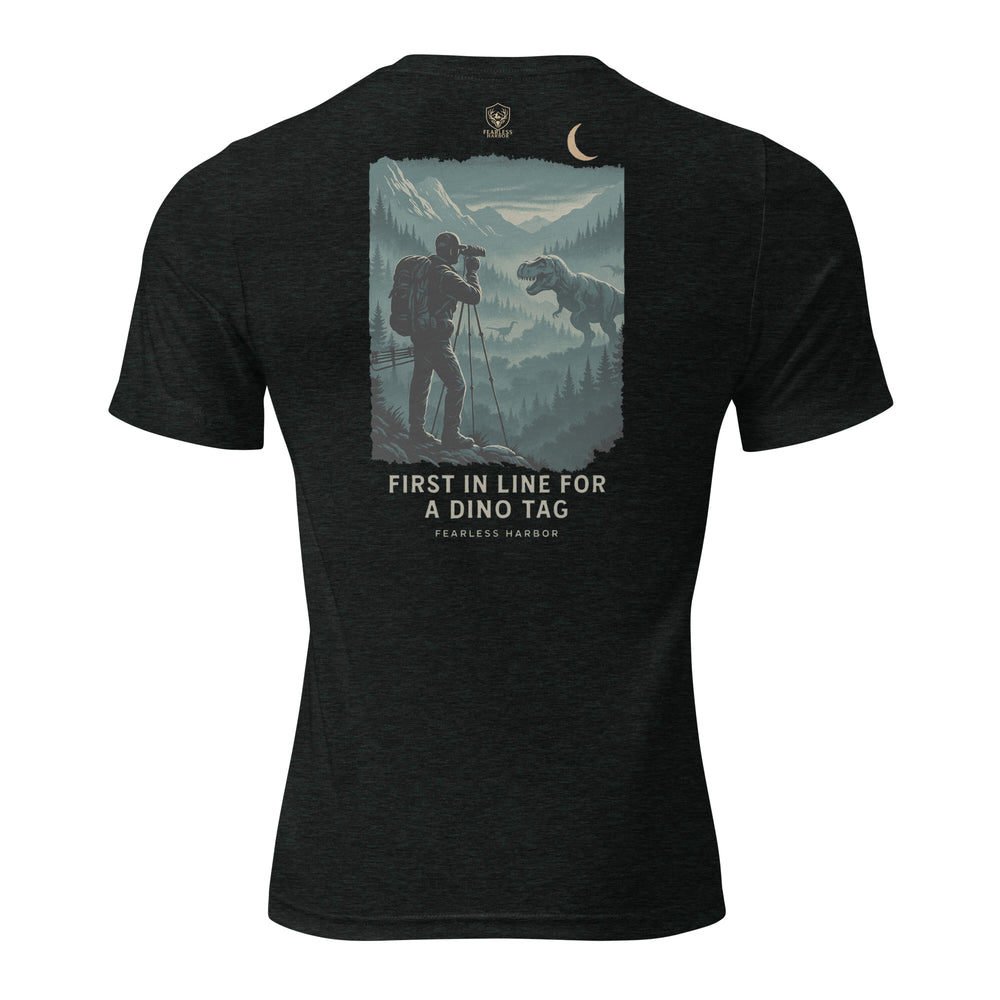 Back of Men's Dino hunting Tag Scout Tee Front Charcoal Black with graphic of a hunter glassing a T-Rex from a distance.