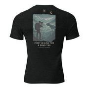 Back of Men's Dino hunting Tag Scout Tee Front Charcoal Black with graphic of a hunter glassing a T-Rex from a distance.