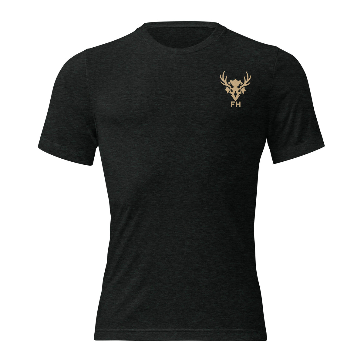 Front of Men's Dino hunting Tag Scout Tee Front Charcoal Black with Primal Timber Dinosaur Hunting Logo graphic.