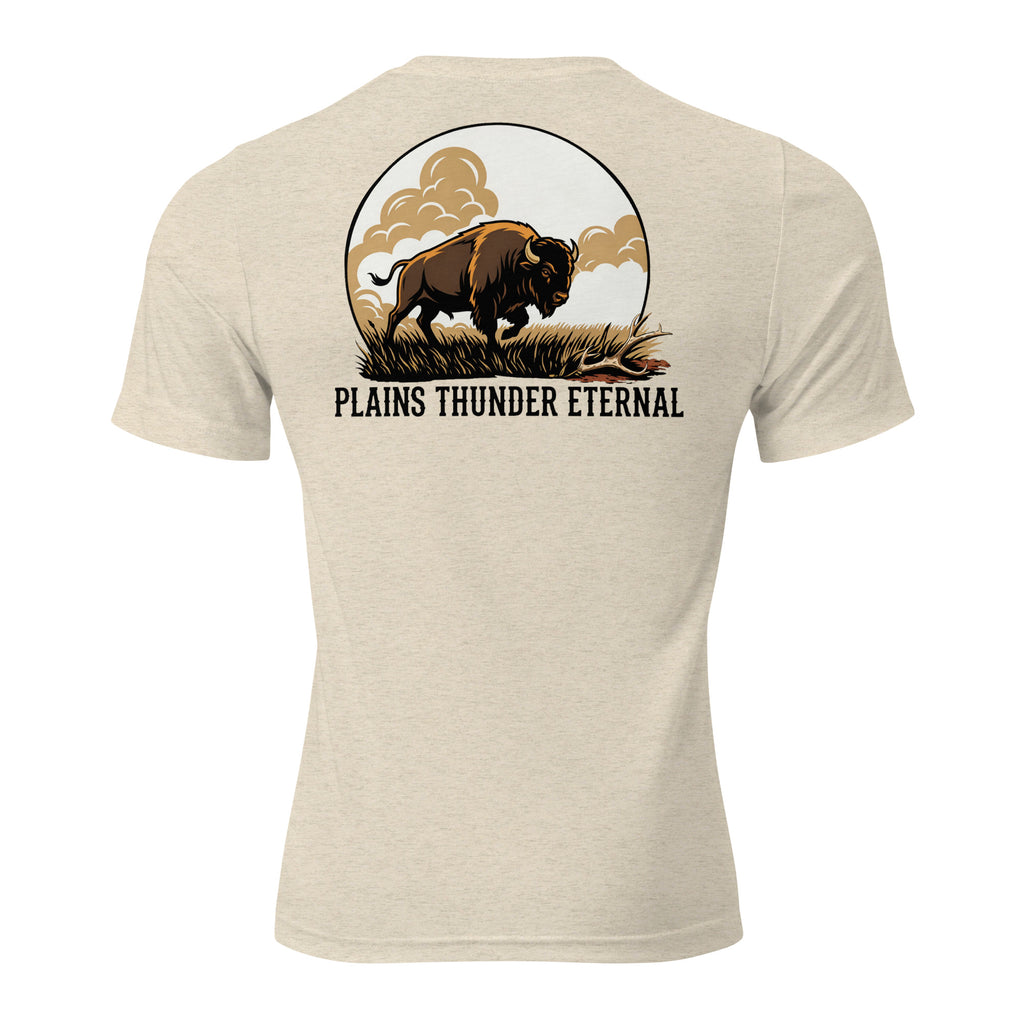 Back view of men’s oatmeal triblend premium tee featuring plains buffalo bison graphic artwork.