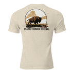 Back view of men’s oatmeal triblend premium tee featuring plains buffalo bison graphic artwork.