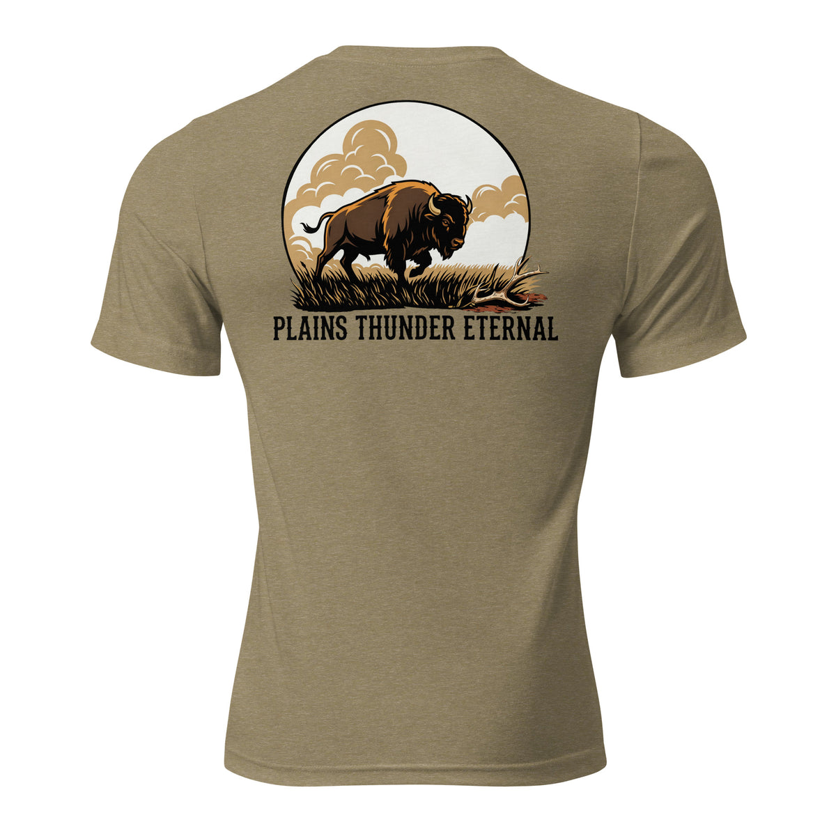 Back view of men’s olive triblend premium tee featuring plains buffalo bison graphic artwork.