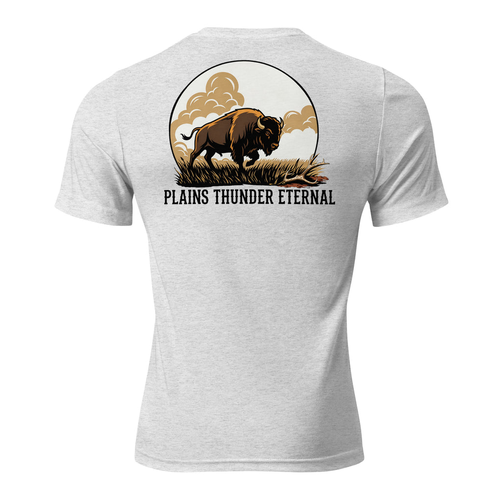 Back view of men’s white fleck triblend premium tee featuring plains buffalo bison graphic artwork.