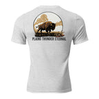 Back view of men’s white fleck triblend premium tee featuring plains buffalo bison graphic artwork.