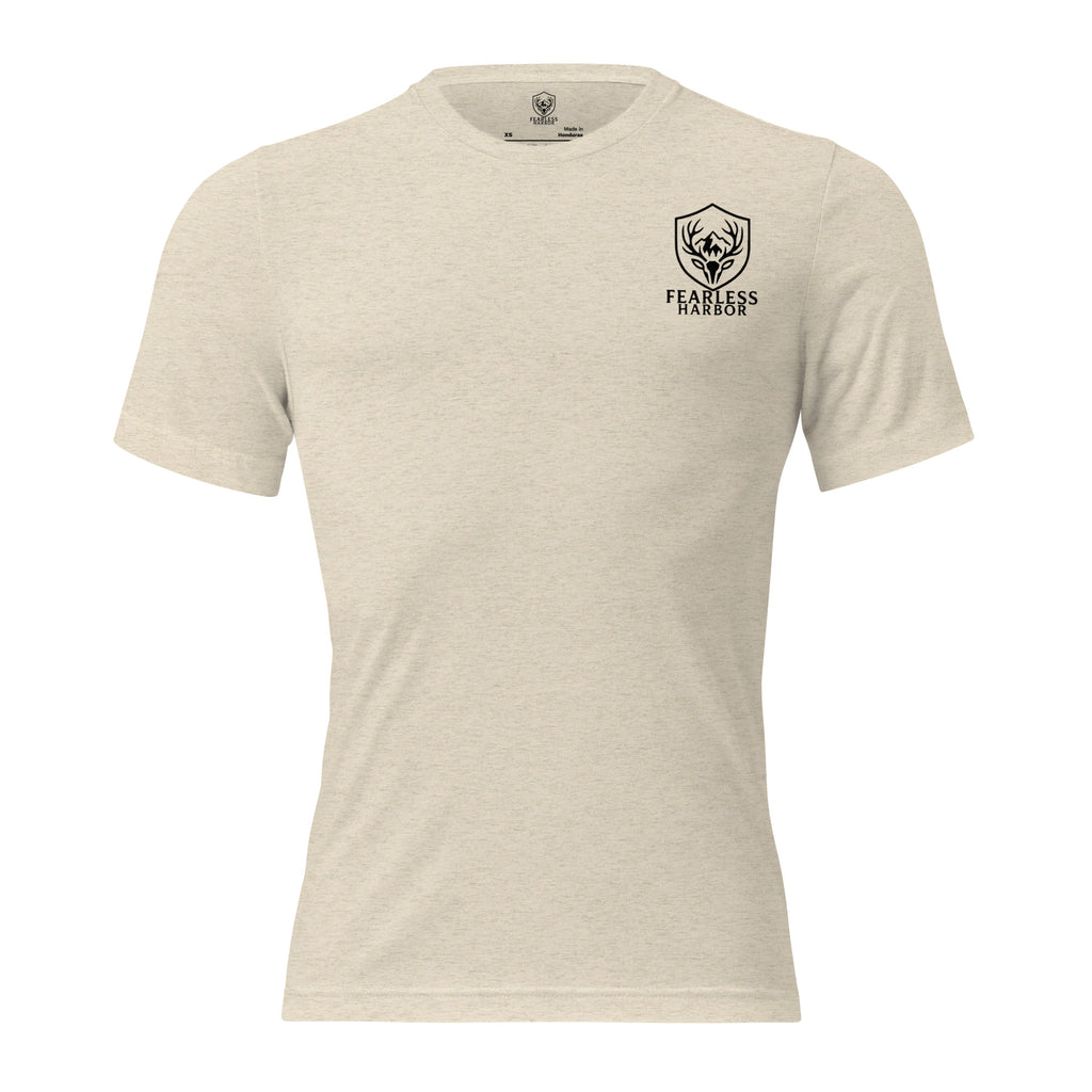 Front view of men’s oatmeal triblend premium tee with small Fearless Harbor chest logo.