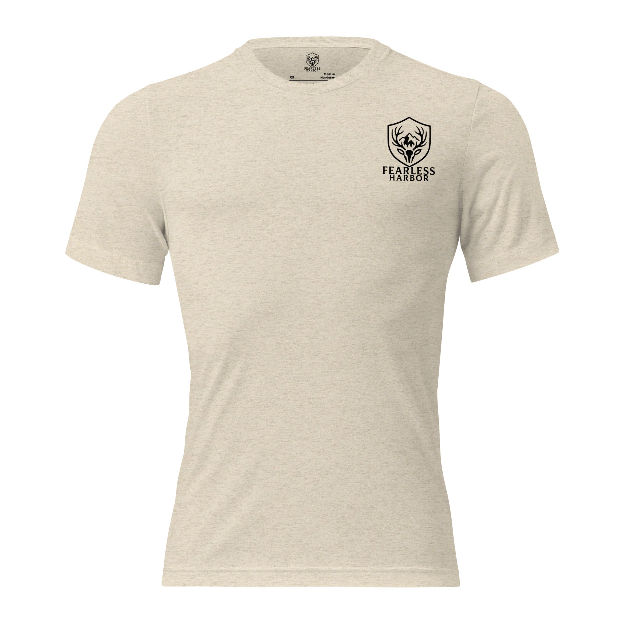 Front view of men’s oatmeal triblend premium tee with small Fearless Harbor chest logo.