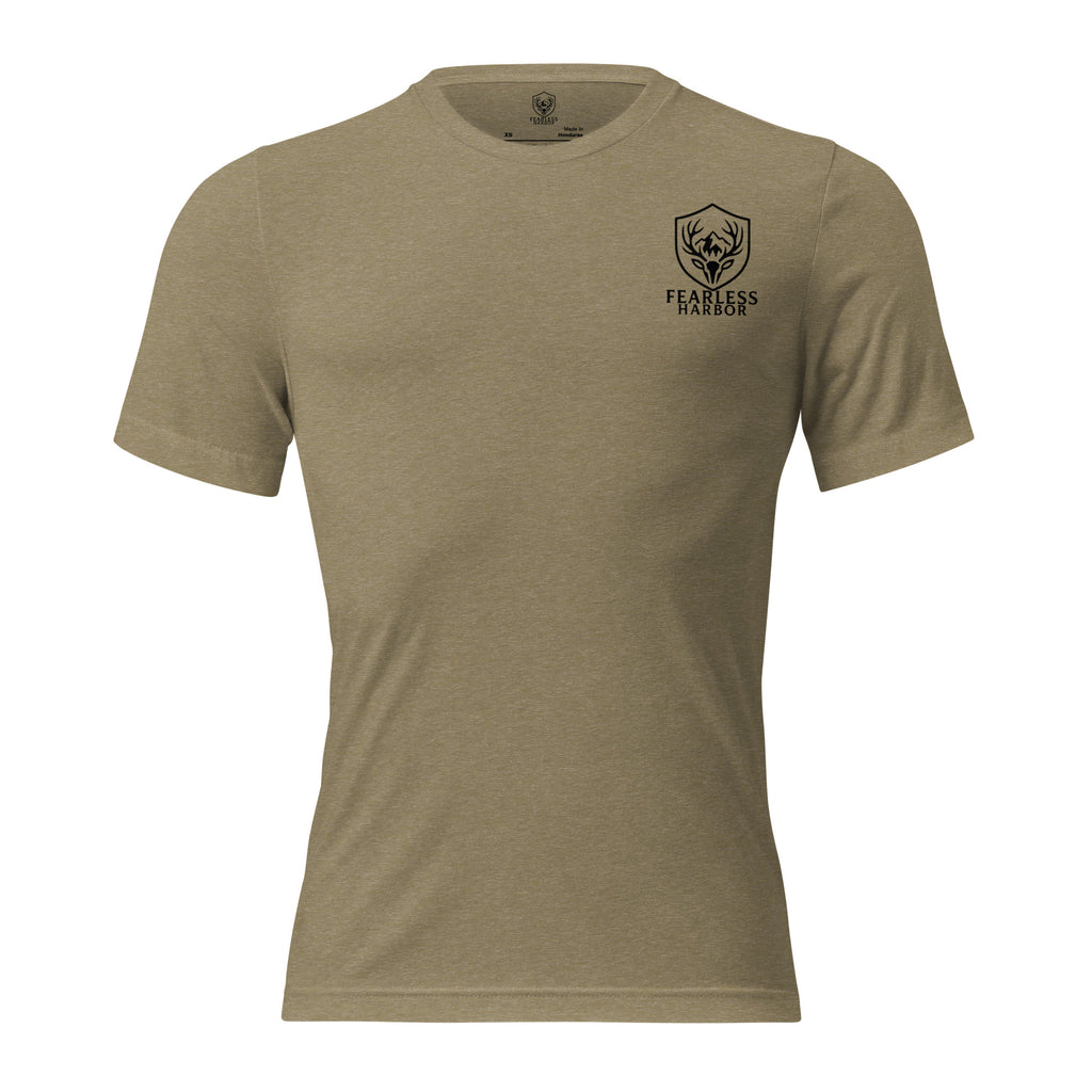 Front view of men’s olive triblend premium tee with small Fearless Harbor chest logo.