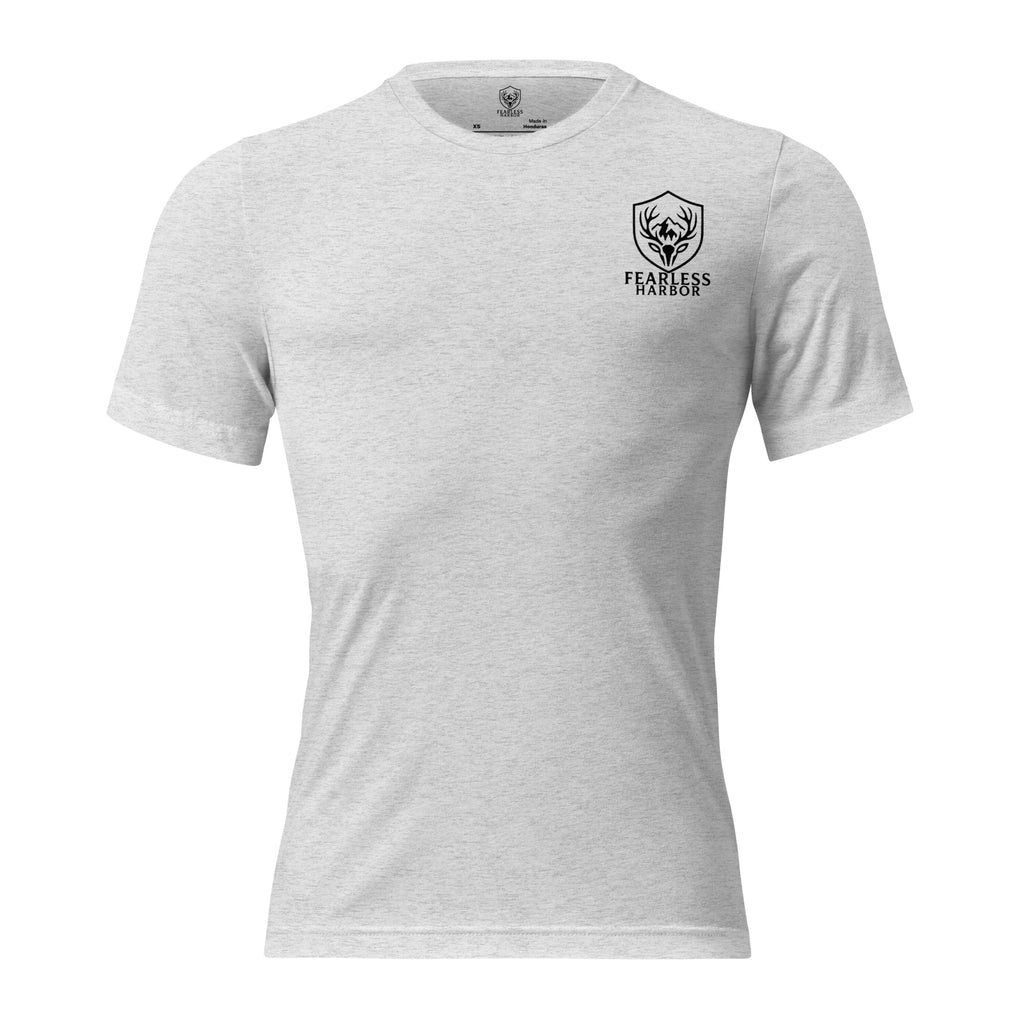 Front view of men’s white fleck triblend premium tee with small Fearless Harbor chest logo.