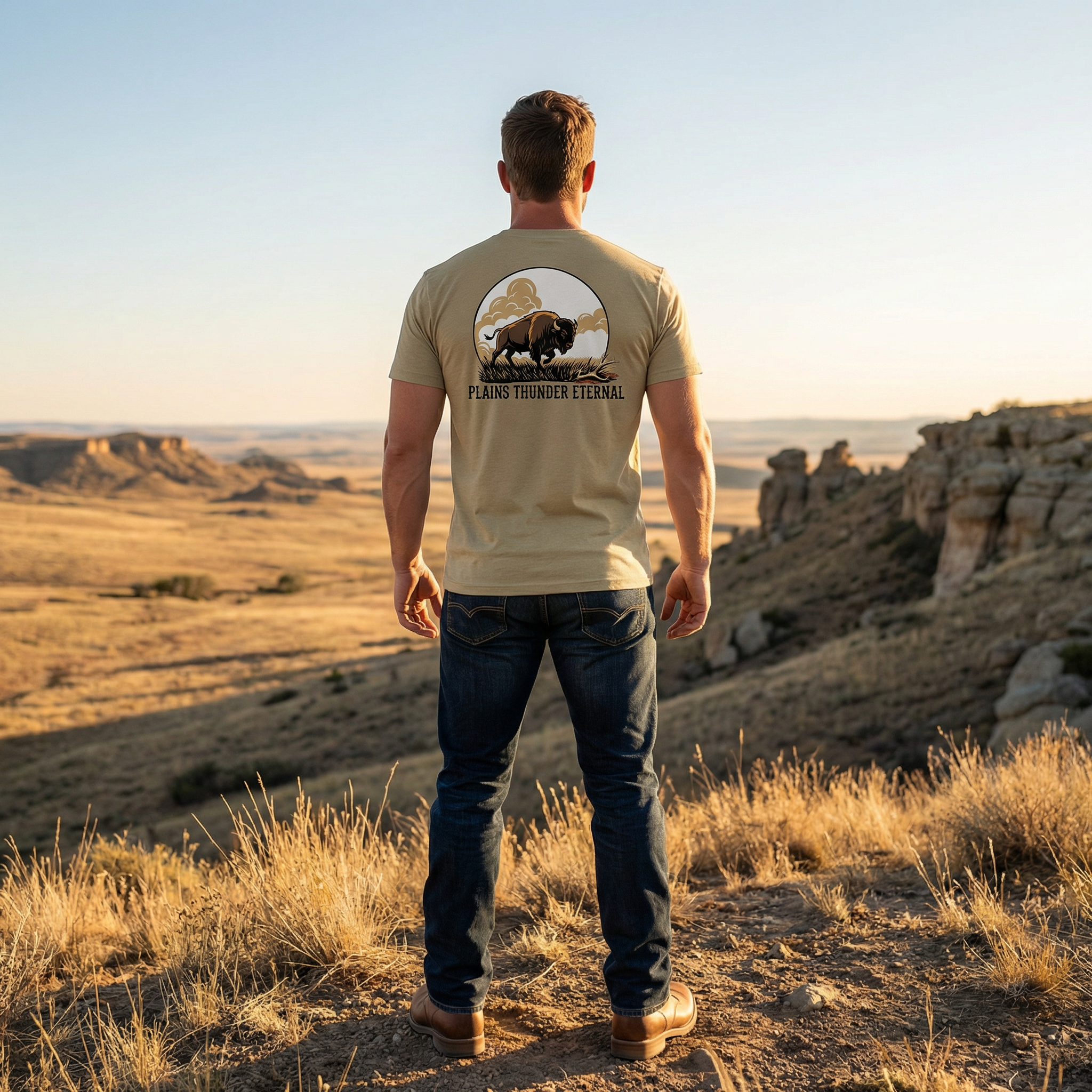 Man wearing Plains Thunder Eternal Bison Tee in an outdoor buffalo plains setting.