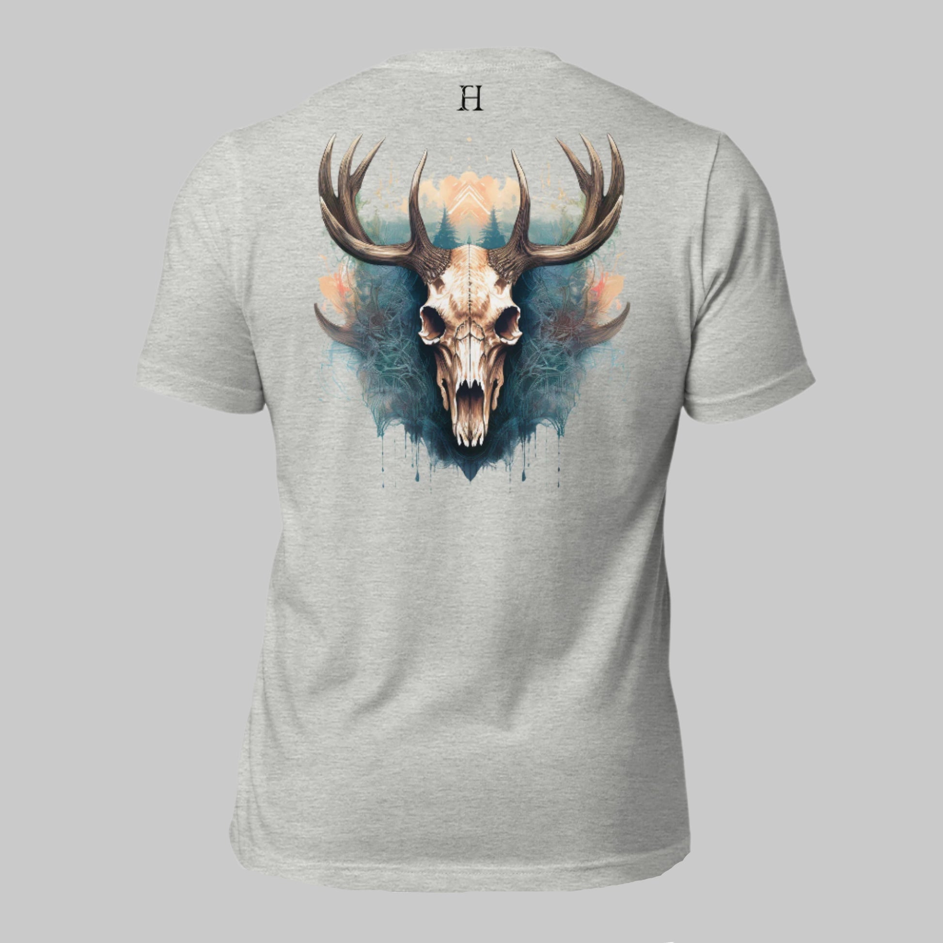 Back of Antlered Beast T-Shirt in Grey with Buck Deer Skull and Antler design, and FH logo near collar in Black.