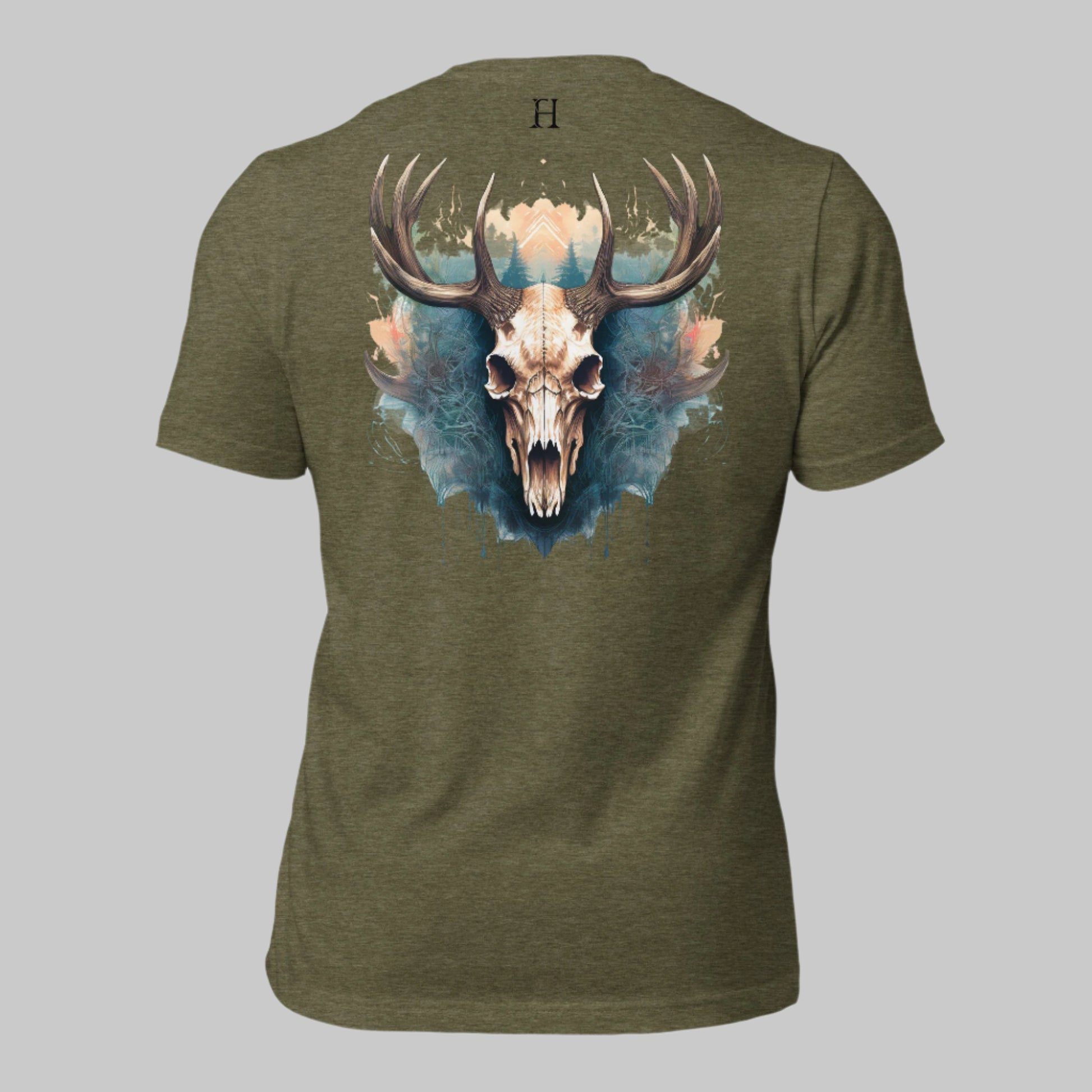 Back of Antlered Beast T-Shirt in Olive with Buck Deer Skull and Antler design, and FH logo near collar in Black.