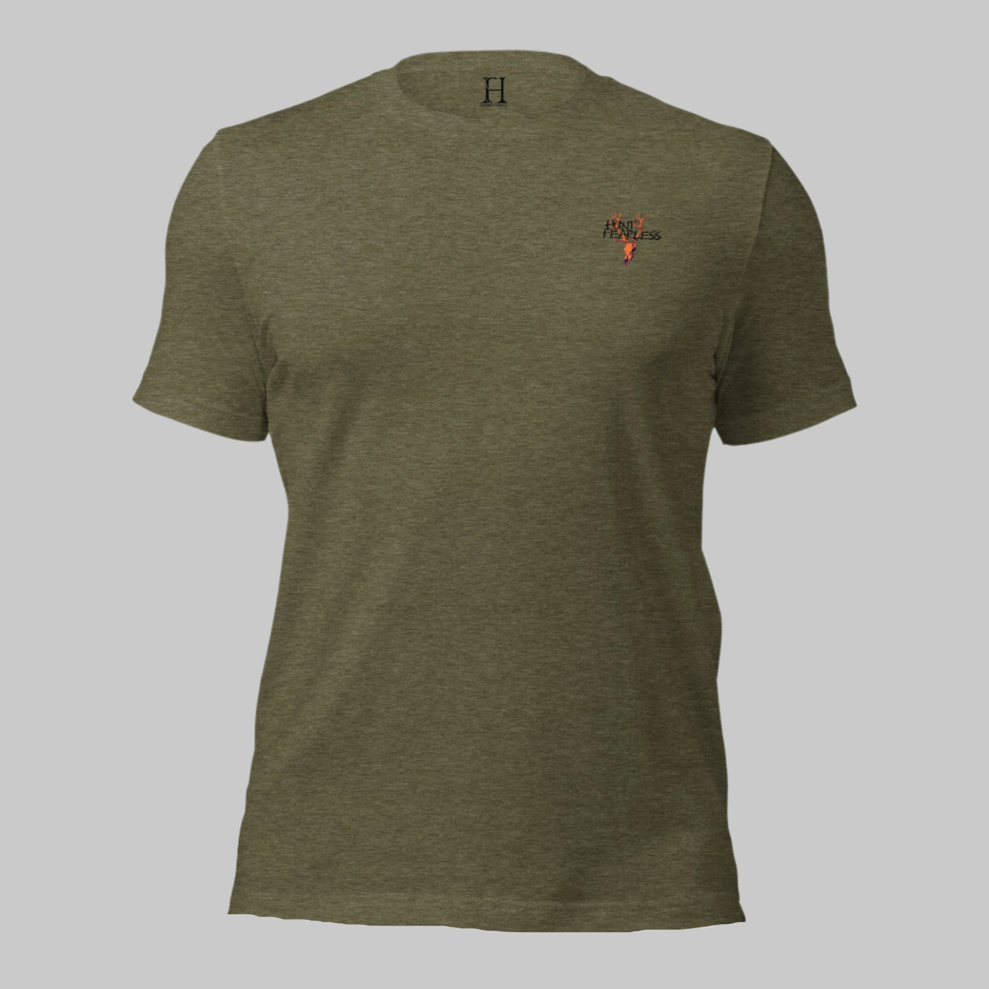 Front of Antlered Beast T-Shirt in Olive with deer logo and the words Hunt Fearless.