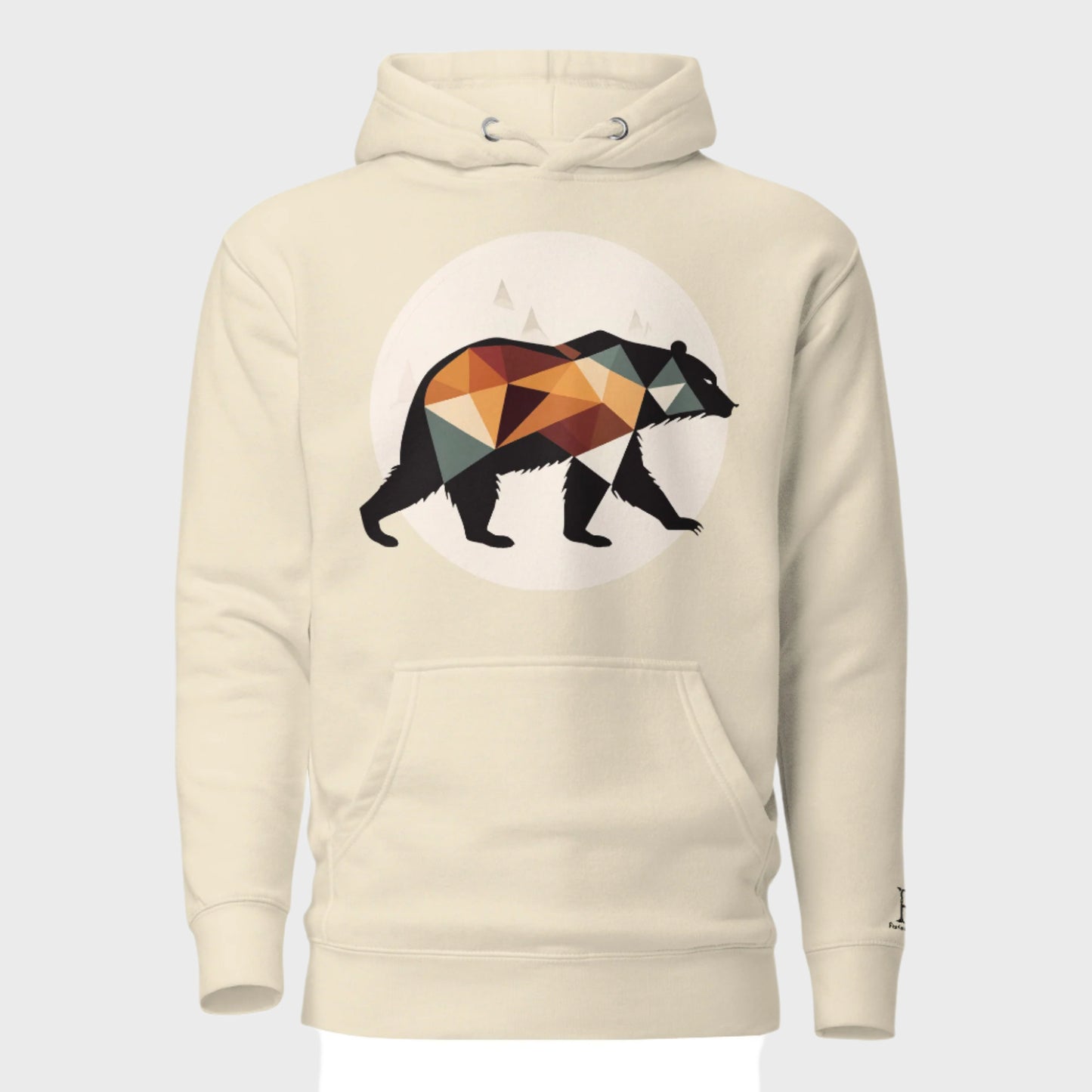 Front of Bear Edition Hoodie in Bone with silhouette of a bear walking in front of a moon design.