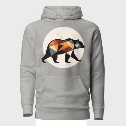 Front of Bear Edition Hoodie in Carbon Grey with silhouette of a bear walking in front of a moon design.