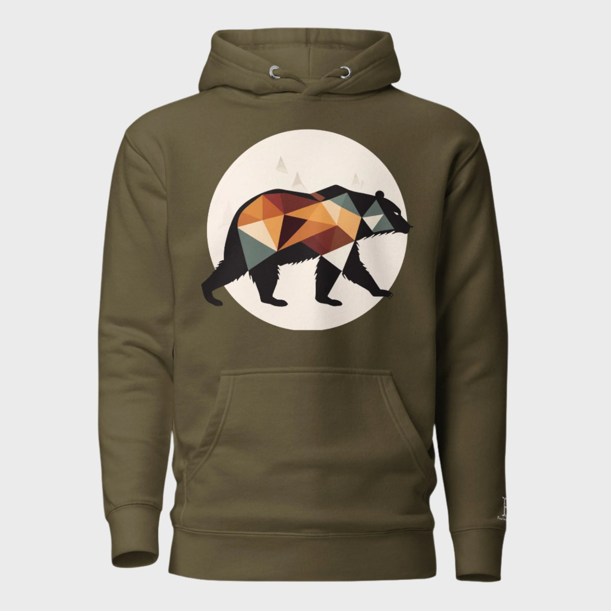 Front of Bear Edition Hoodie in Military Green with silhouette of a bear walking in front of a moon design.