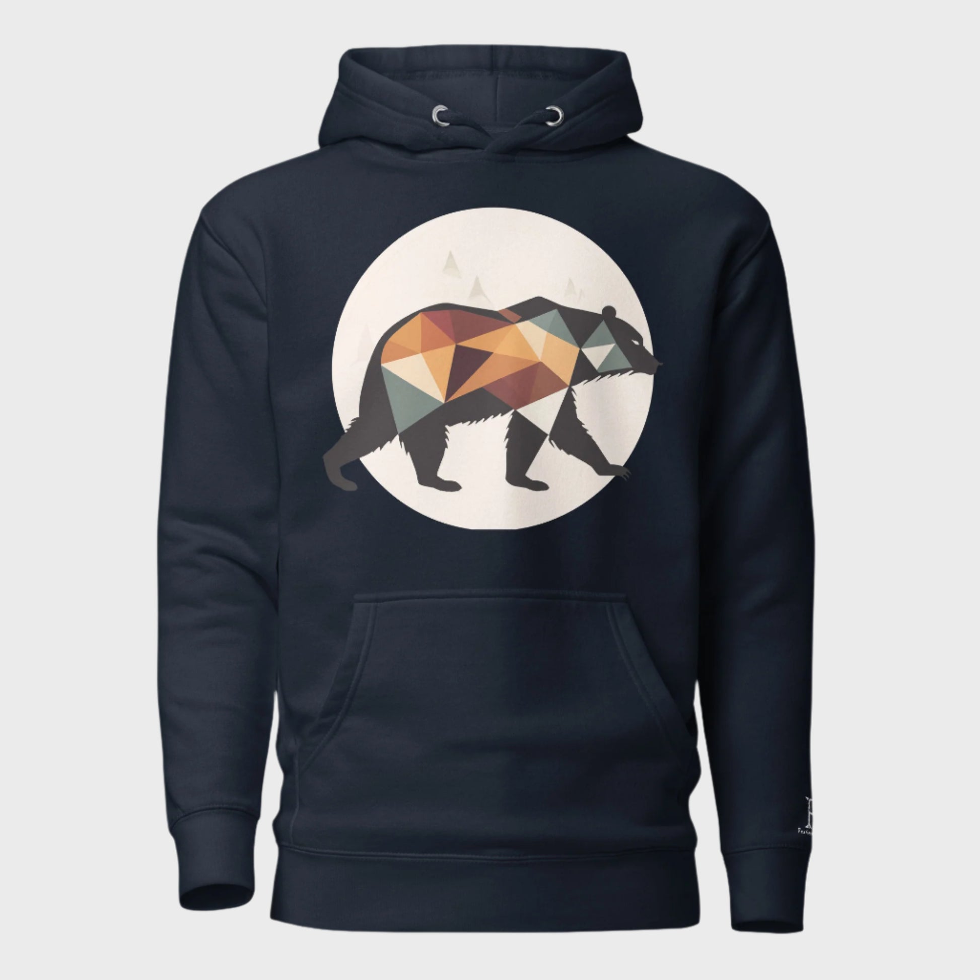 Front of Bear Edition Hoodie in Navy Blazer with silhouette of a bear walking in front of a moon design.