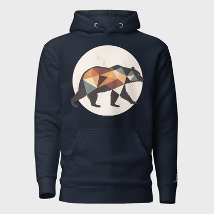 Front of Bear Edition Hoodie in Navy Blazer with silhouette of a bear walking in front of a moon design.